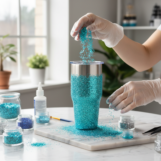 Tumbler being decorated with aqua glitter