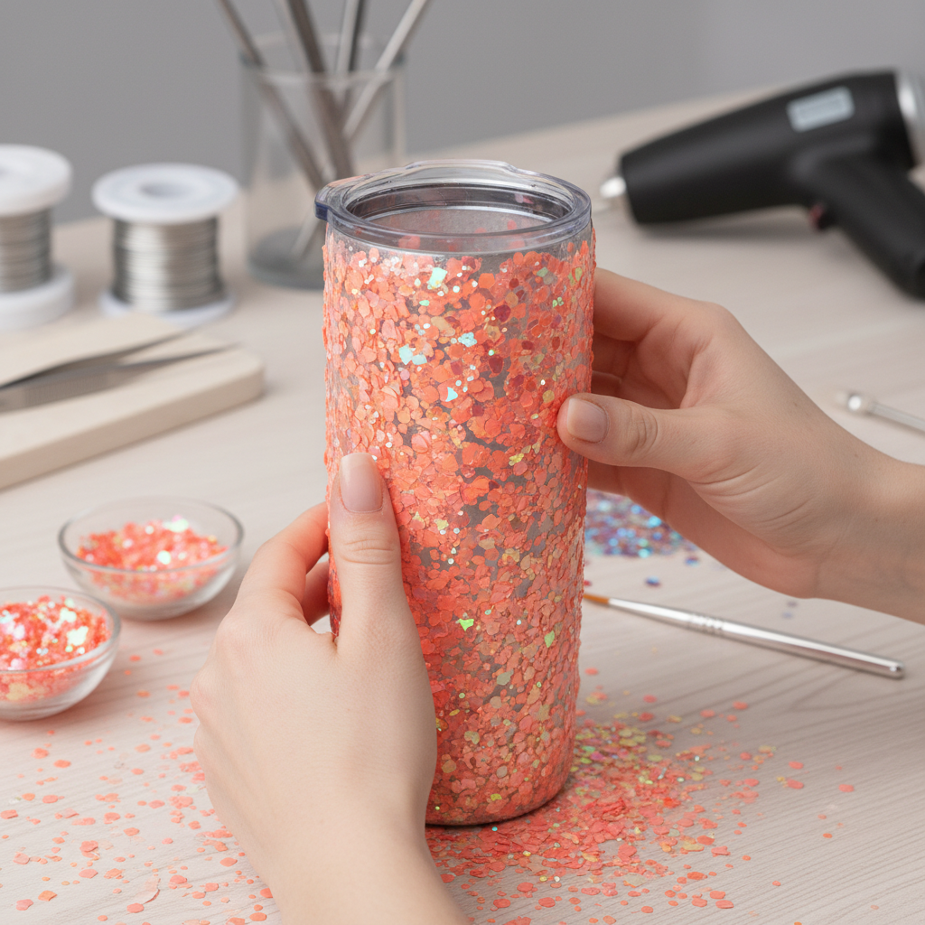 Tumbler being decorated with pinkish orange glitter