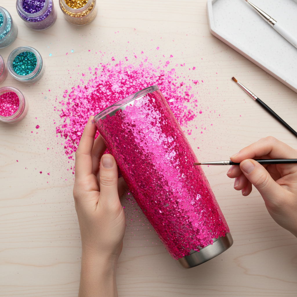Tumbler being decorated with hot pink chunky glitter