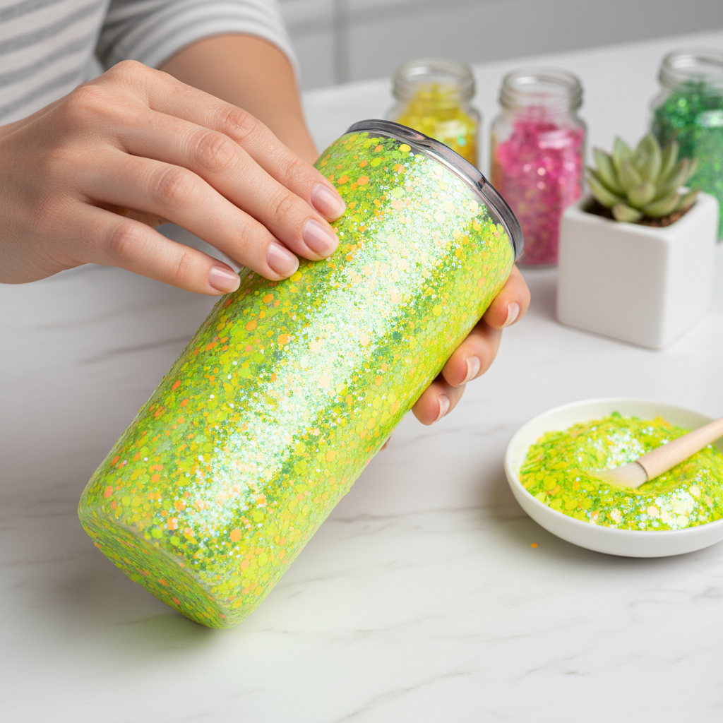 Tumbler being decorated with lemon lime glitter