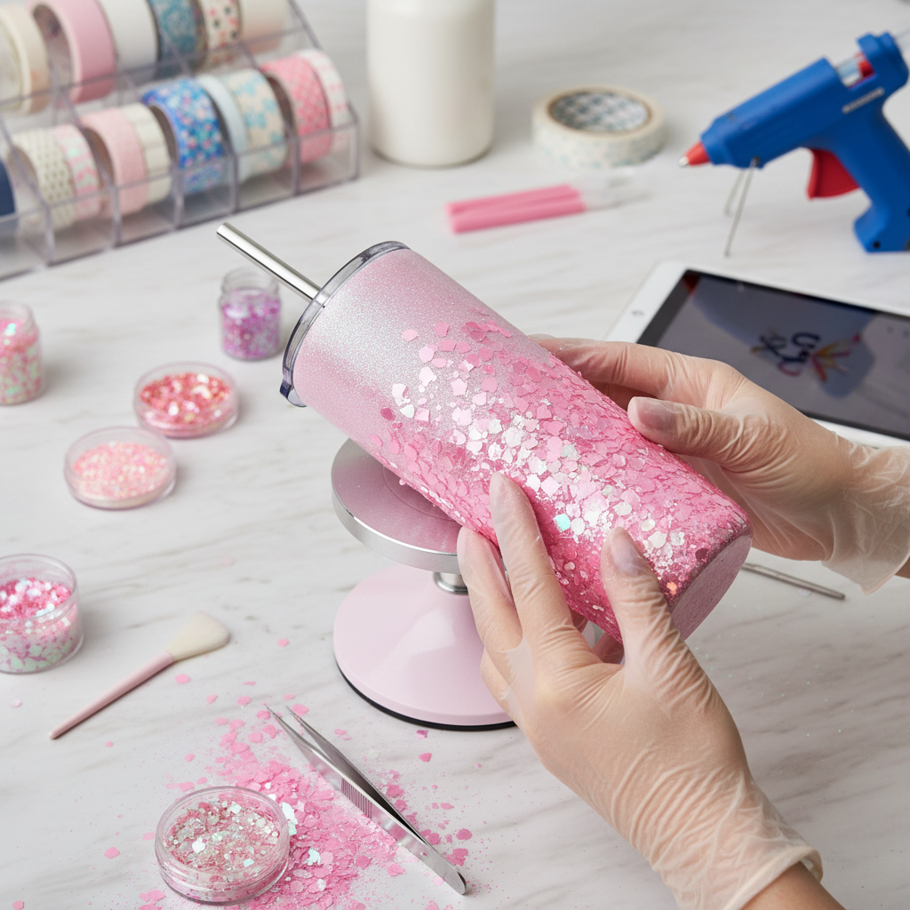 Tumbler being decorated with pink chunky glitter
