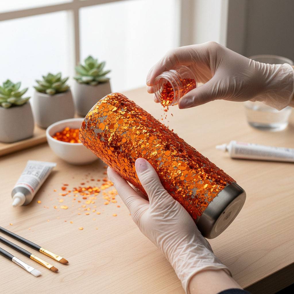 Tumbler being decorated with orange chunky glitter