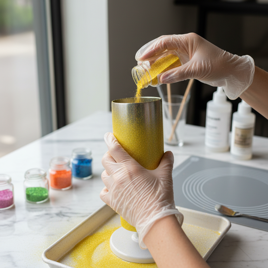 Tumbler being decorated with fine yellow glitter