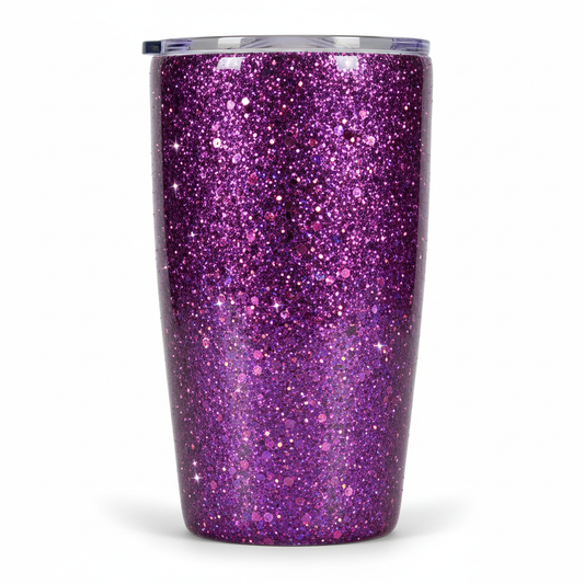 Tumbler decorated with Purple Punch assorted size flake glitter