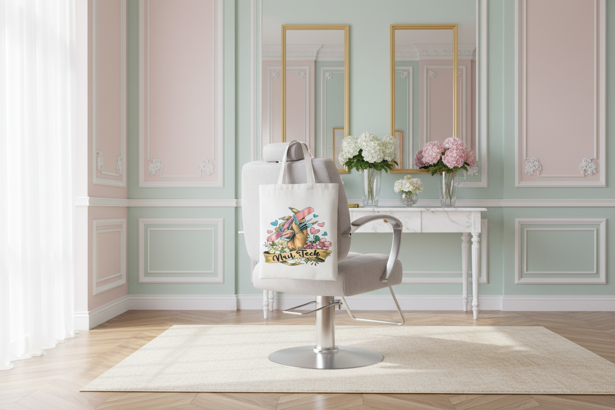 Nail Tech tote bag on salon chair with French background