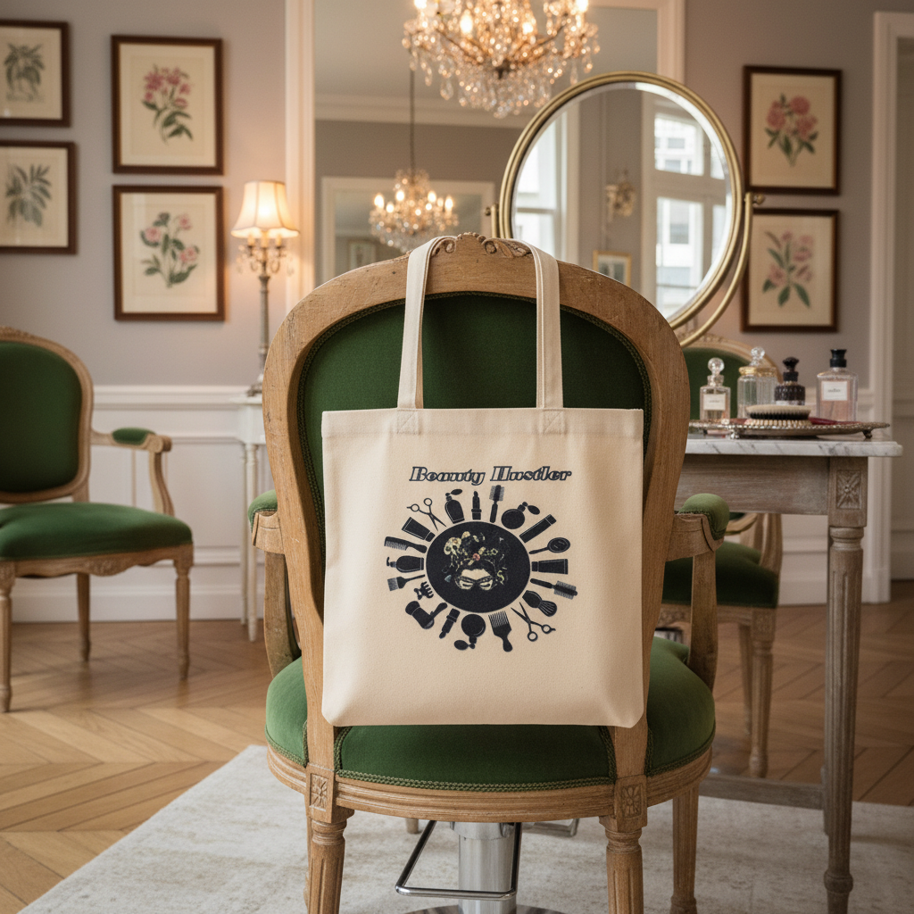 Beauty Hustler tote on French salon chair