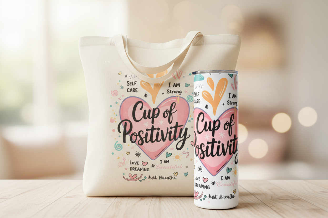 Cup of Positivity with visible tote bag