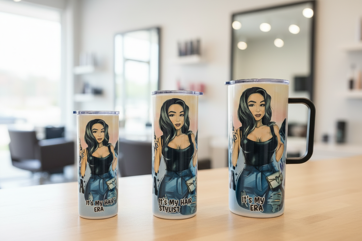 Hair Stylist Era tumblers in three sizes