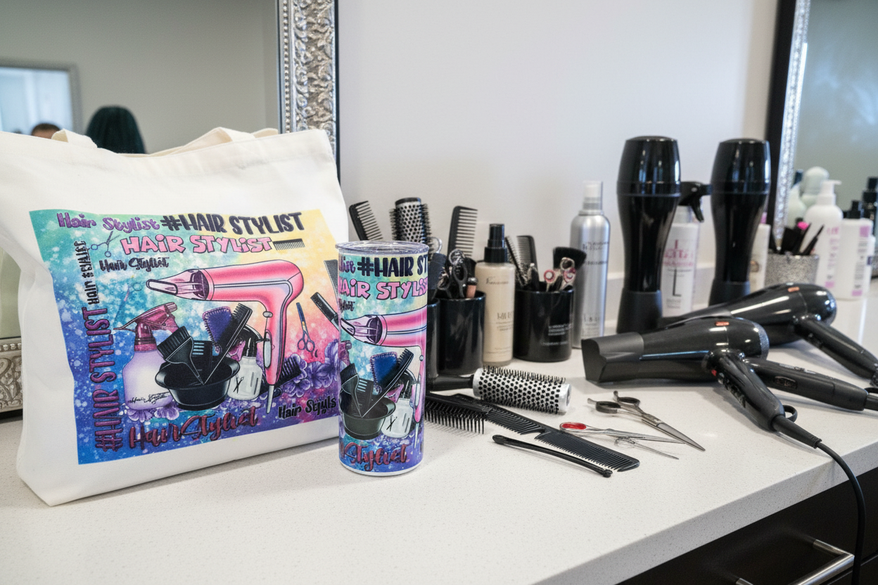 Hair stylist tote and tumbler on salon table with styling tools