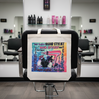Hair stylist tote bag neatly hanging on salon chair