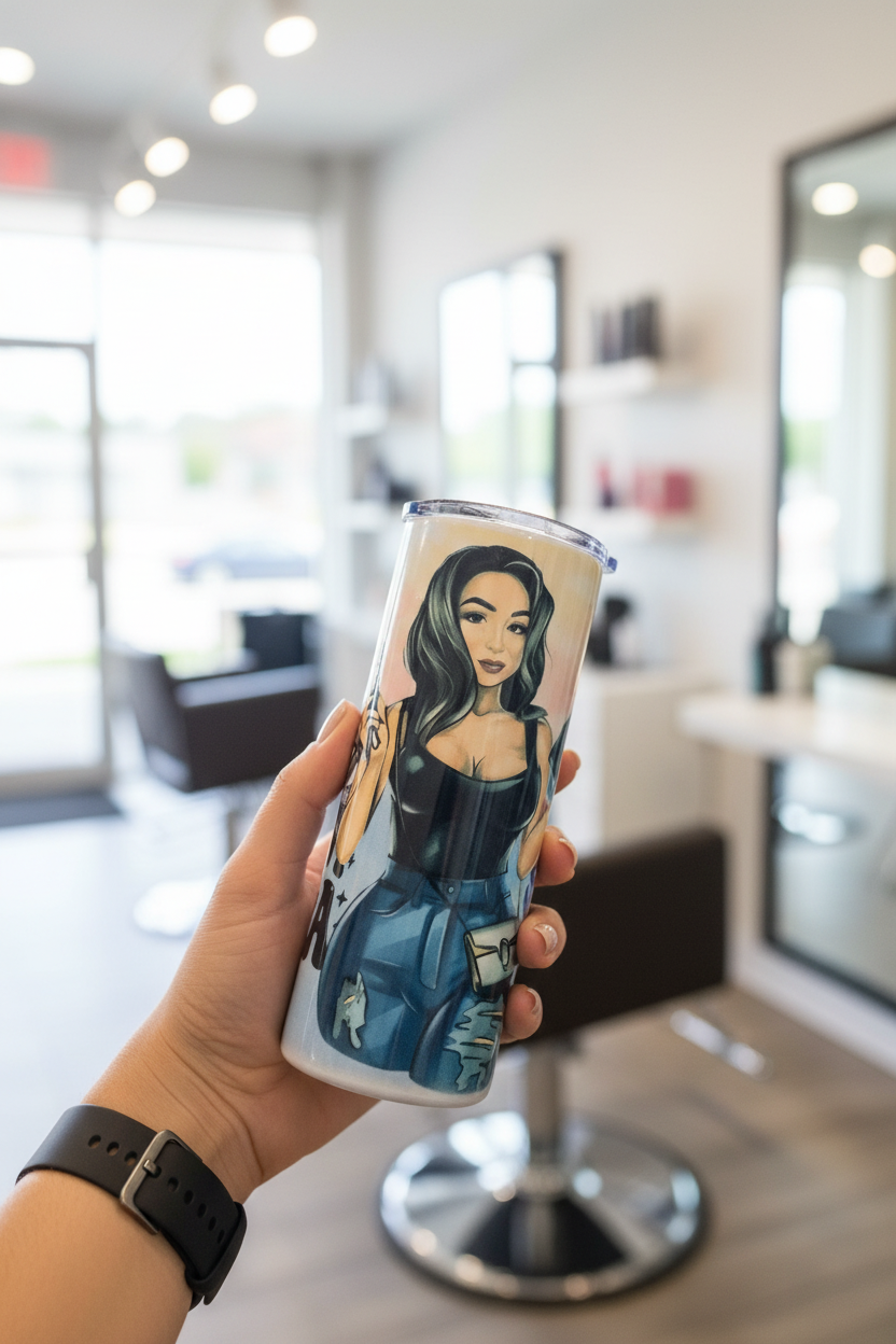 Tumbler in hairstylist's hand