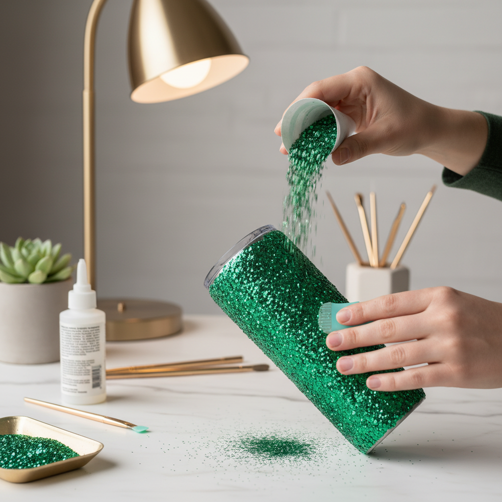 Tumbler being decorated with metallic green glitter