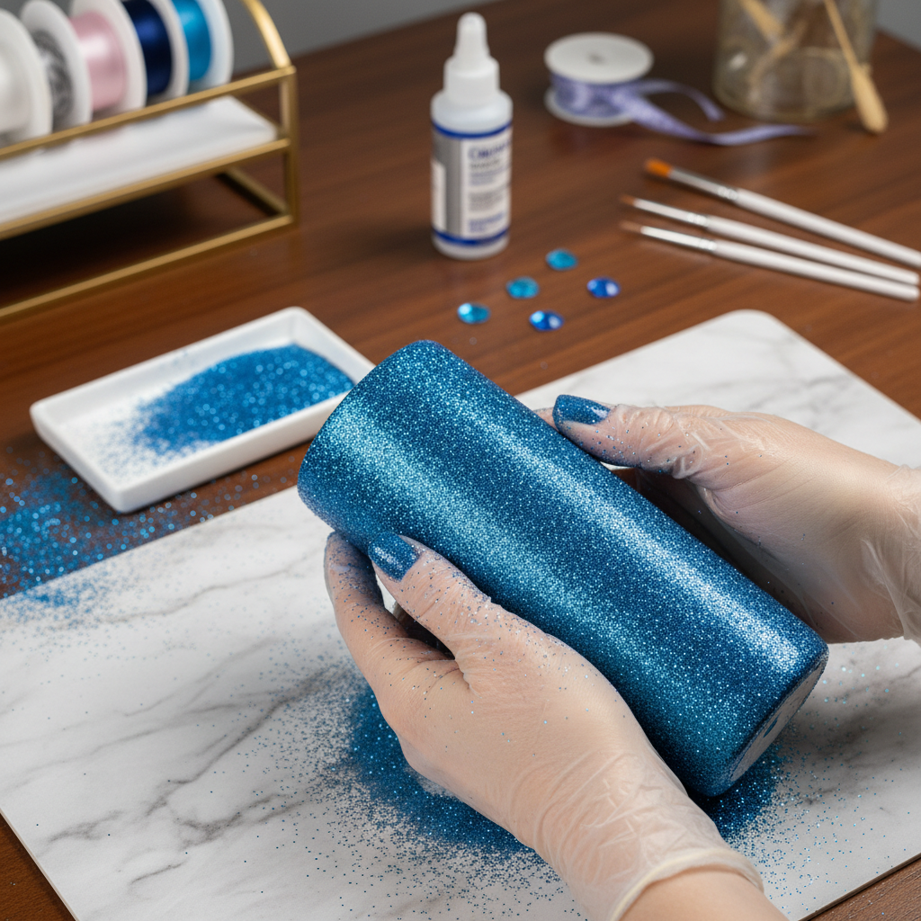 Tumbler being decorated with royal blue fine glitter