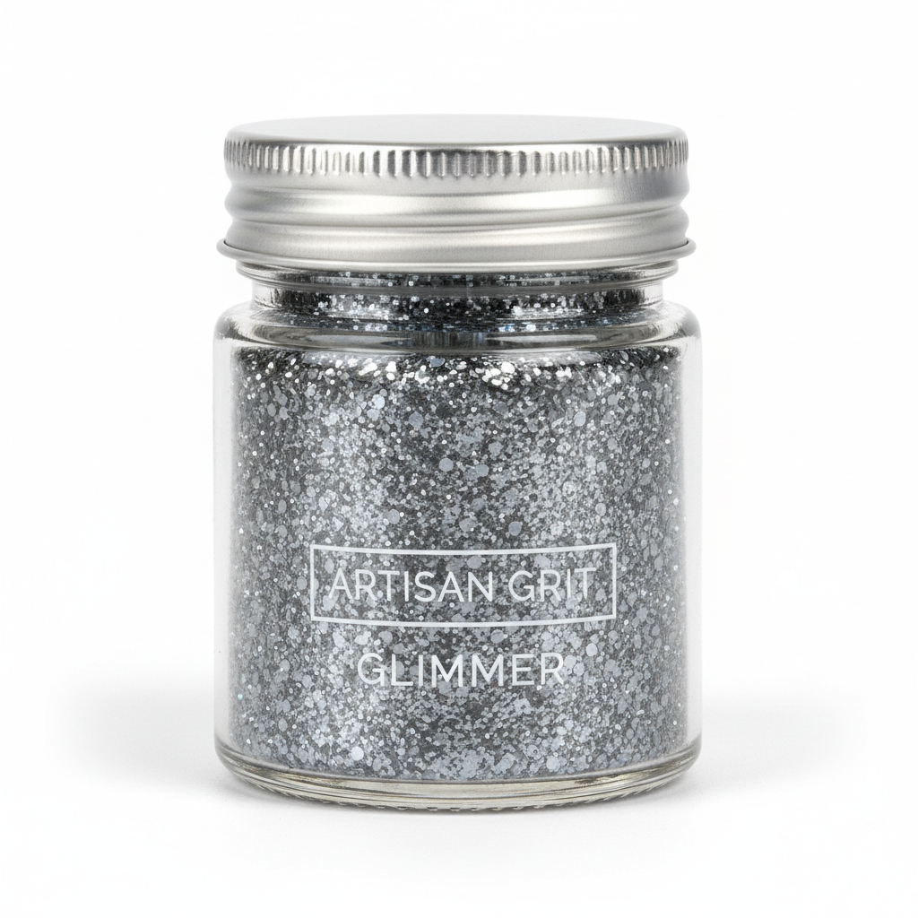 Triple J Gray glitter in container showing mixed size flakes