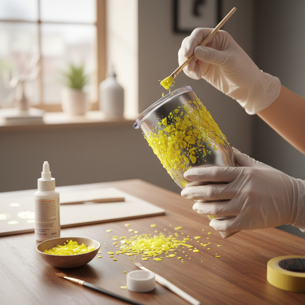 Tumbler being decorated with yellow chunky glitter
