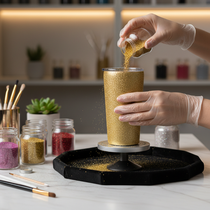 Tumbler being decorated with fine gold glitter