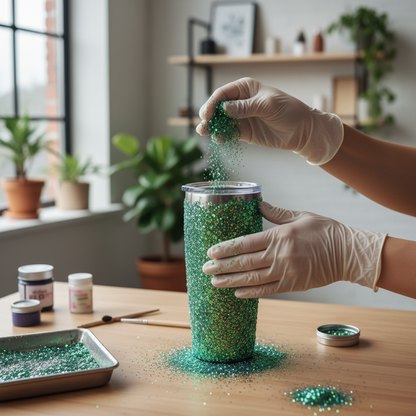 Tumbler being decorated with rainbow green glitter