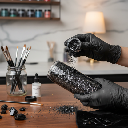 Tumbler being decorated with black glitter