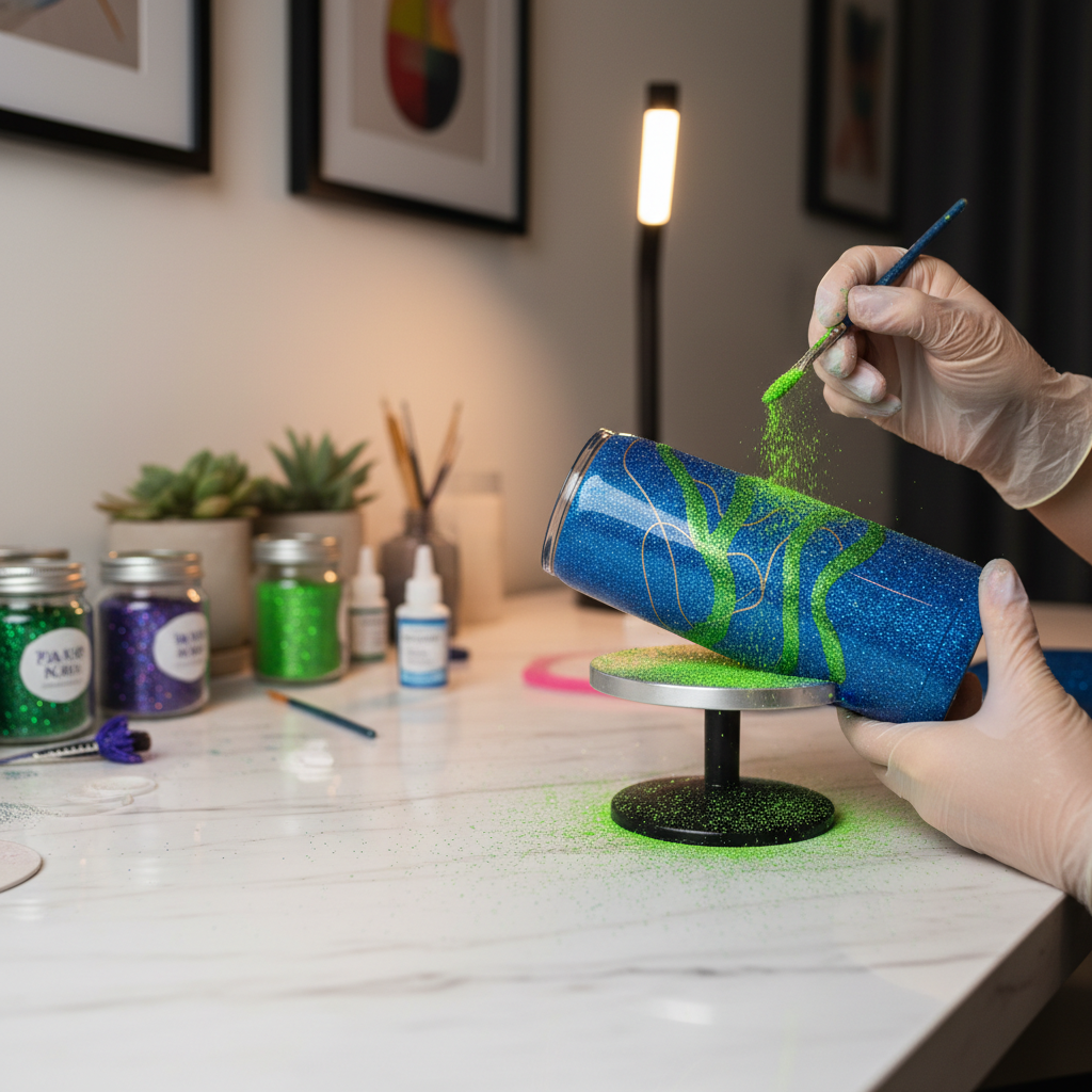 Tumbler being decorated with royal blue and green glitter