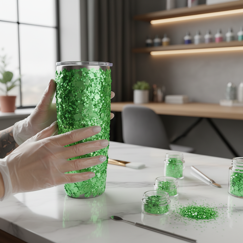 Tumbler being decorated with neon green chunky glitter