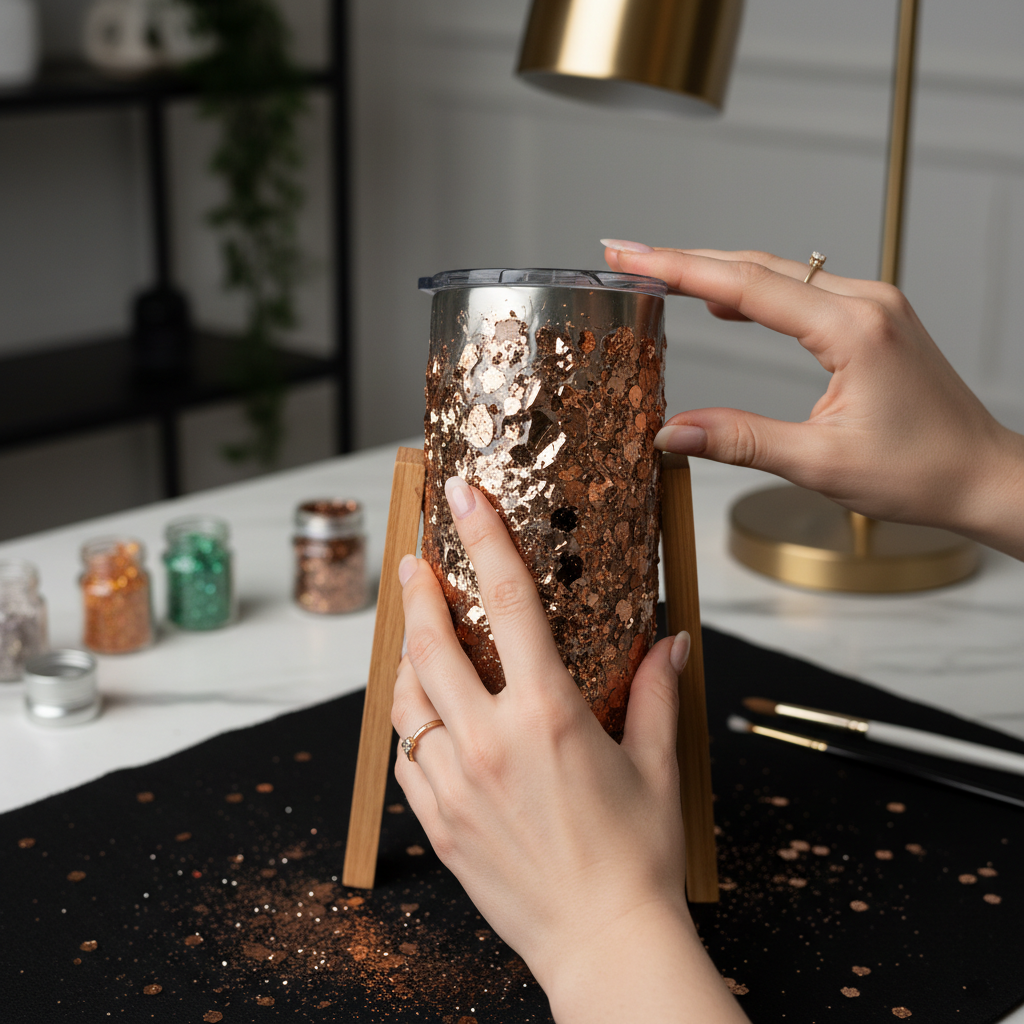Tumbler being decorated with bronze chunky glitter