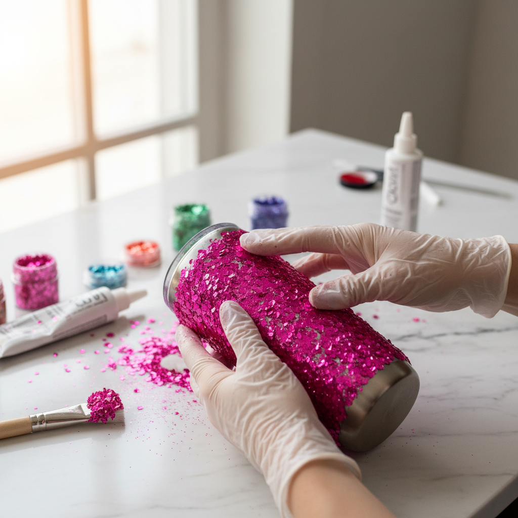Tumbler being decorated with fuchsia pink chunky glitter