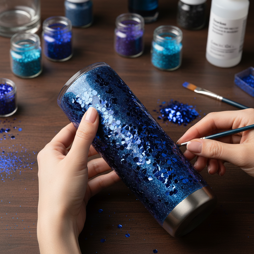 Tumbler being decorated with midnight sapphire blue glitter
