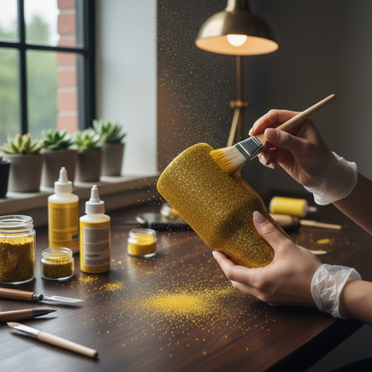 Tumbler being decorated with mustard yellow glitter