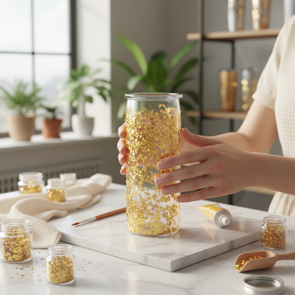 Tumbler being decorated with morning light glitter
