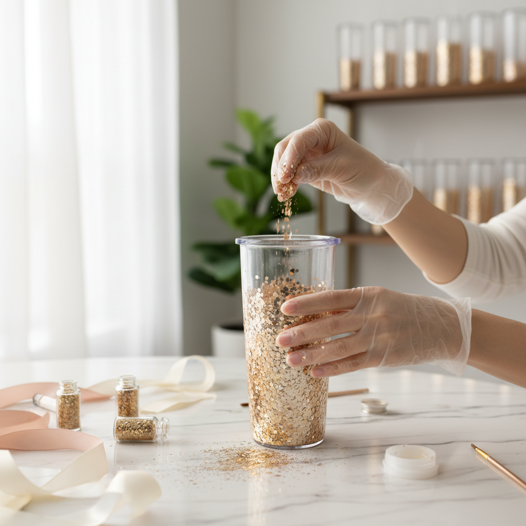 Tumbler being decorated with champagne gold glitter