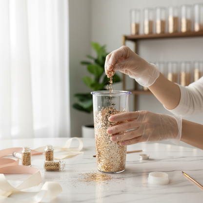 Tumbler being decorated with champagne gold glitter