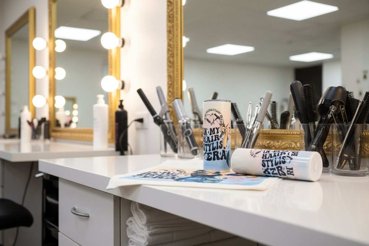 Tote and tumbler on salon table
