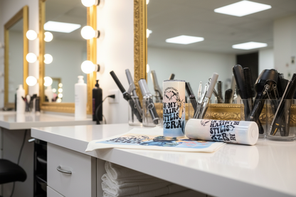 Tote and tumbler on salon table