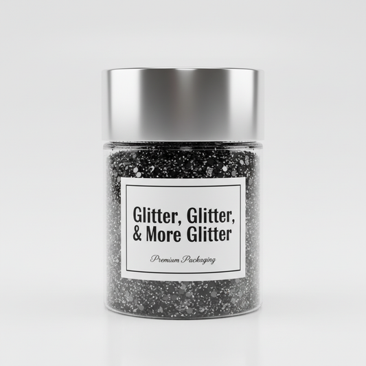 Denio Black Mixed Size Glitter in packaging
