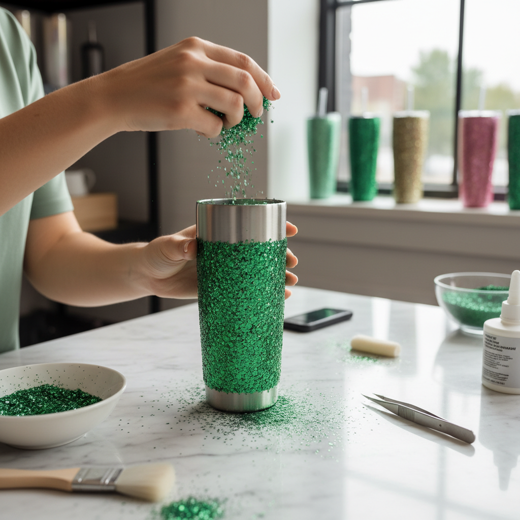 Tumbler being decorated with green glitter