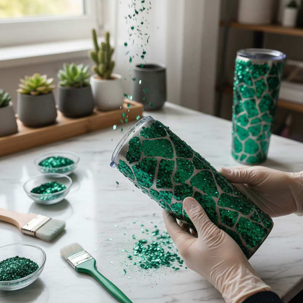 Tumbler being decorated with jade green chunky glitter