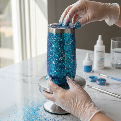 Tumbler being decorated with Manego blue glitter