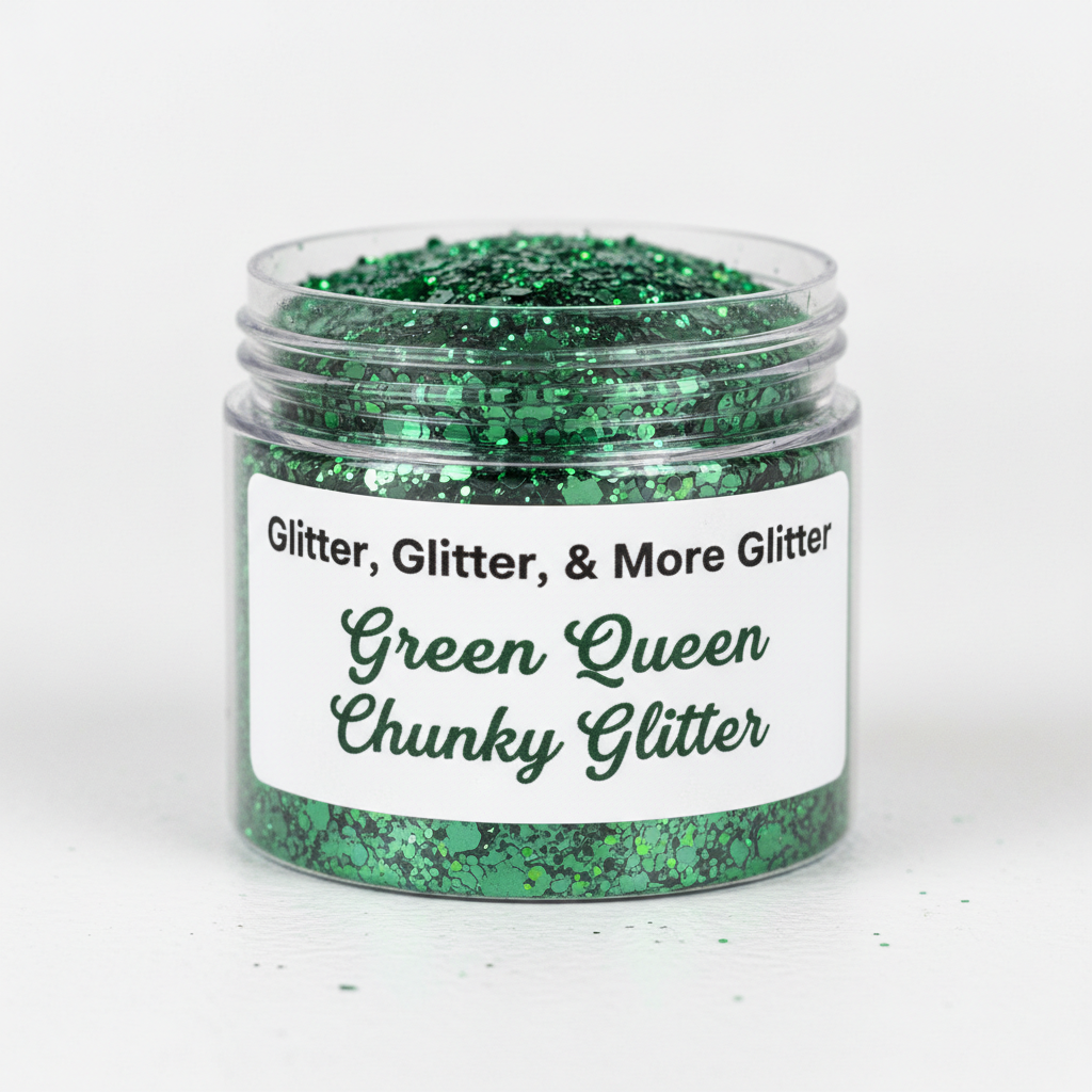 Green Queen Chunky Glitter in clear container