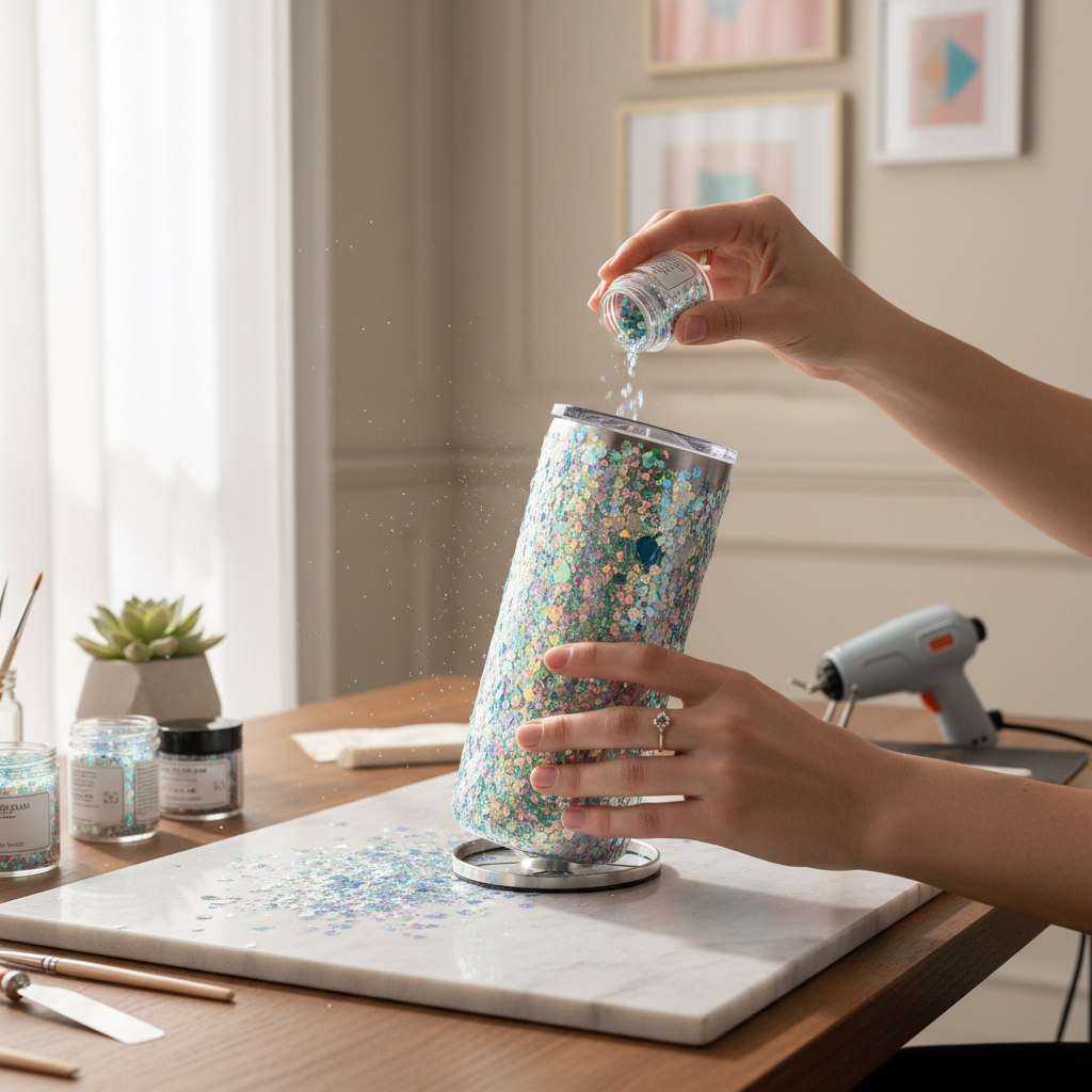 Tumbler being decorated with iridescent glitter