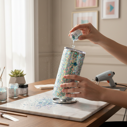 Tumbler being decorated with iridescent glitter
