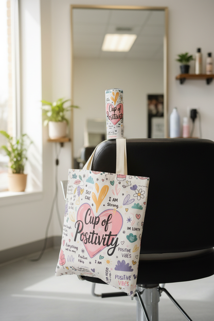 Cup of Positivity tumbler on tote bag hanging on salon chair