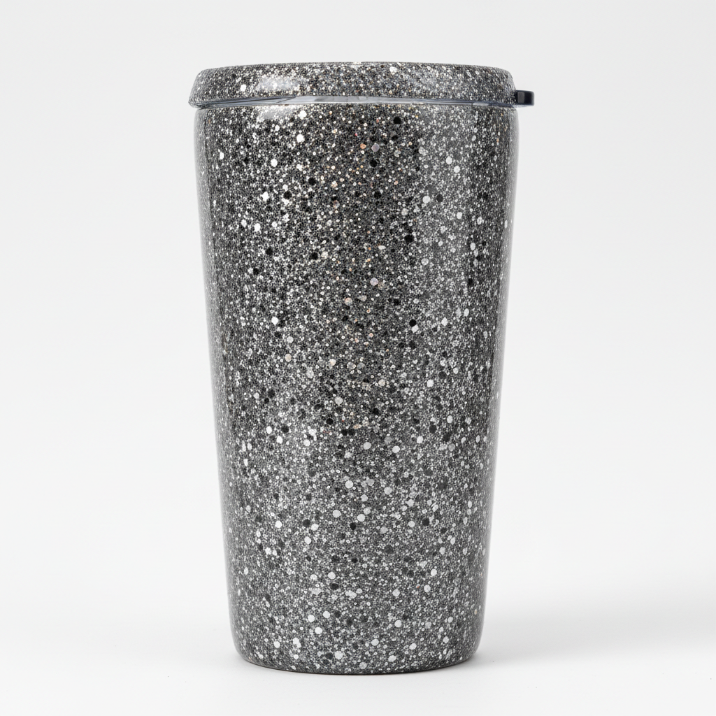 Tumbler decorated with Triple J Gray assorted size flake glitter