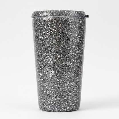 Tumbler decorated with Triple J Gray assorted size flake glitter