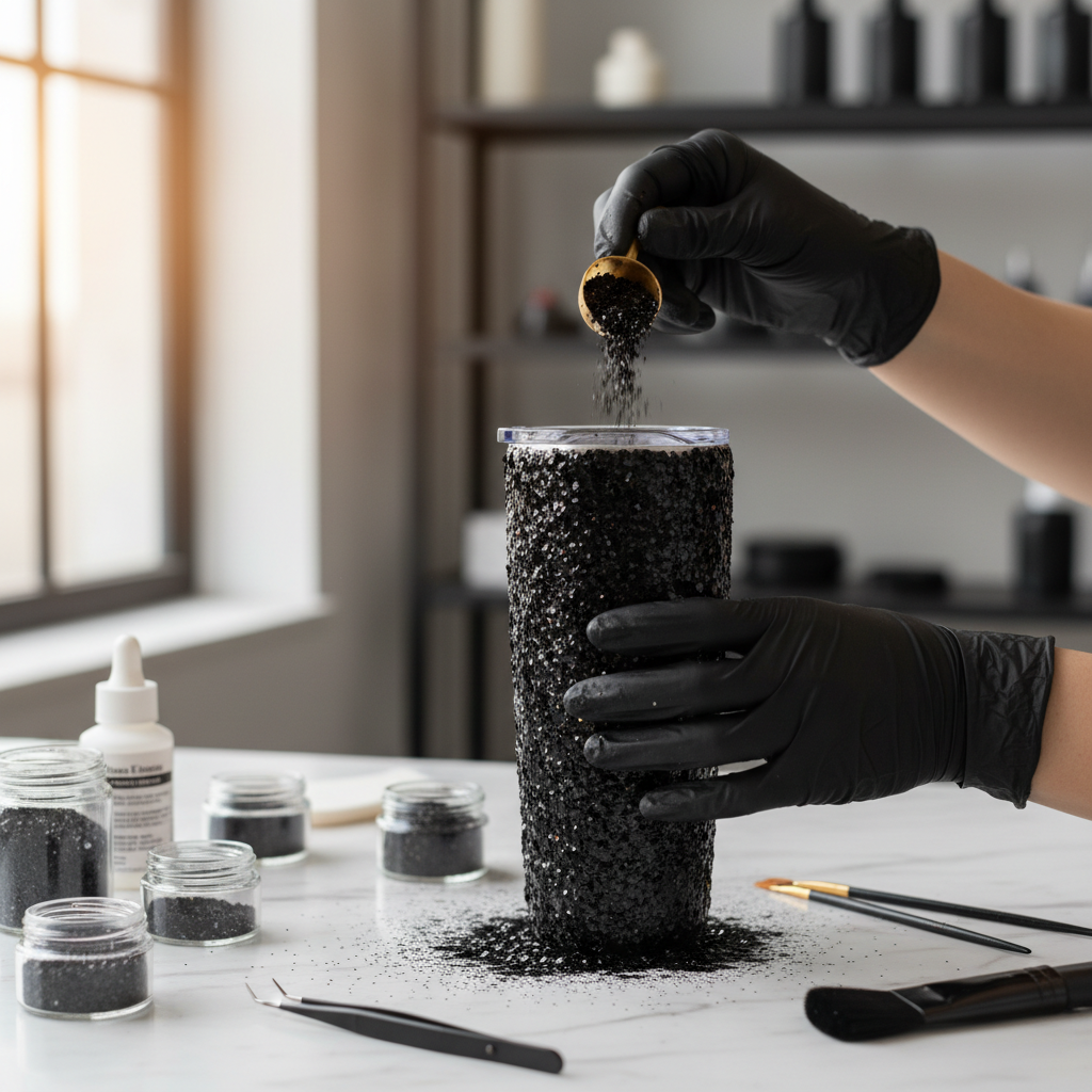Tumbler being decorated with glossy black glitter
