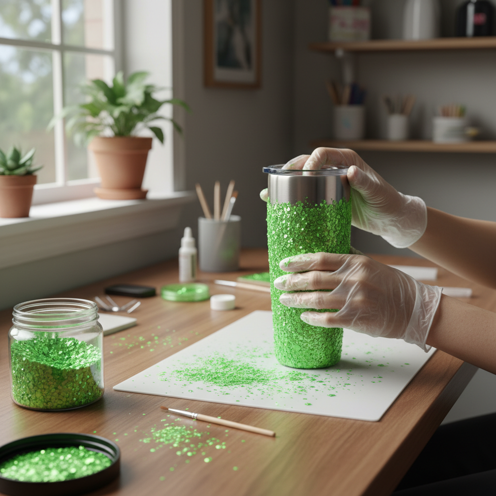 Tumbler being decorated with neon green glitter