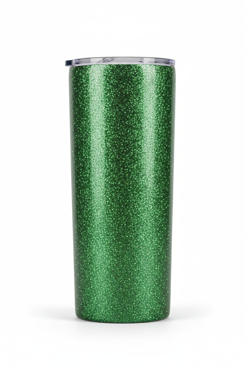 20 oz skinny tumbler with Jazzy Metallic Green fine glitter