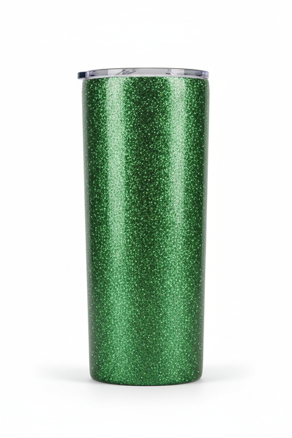 20 oz skinny tumbler with Jazzy Metallic Green fine glitter