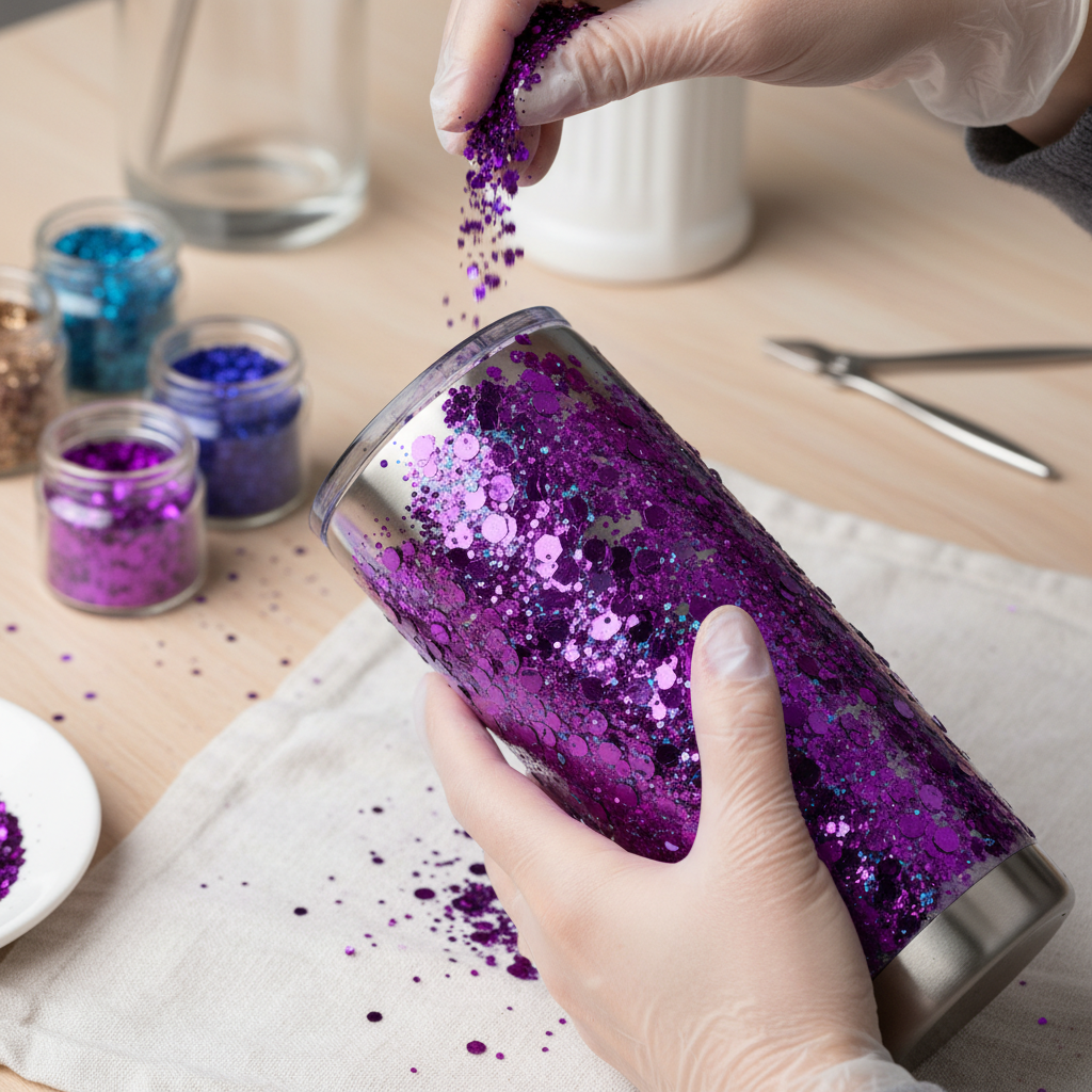 Tumbler being decorated with iris purple chunky glitter