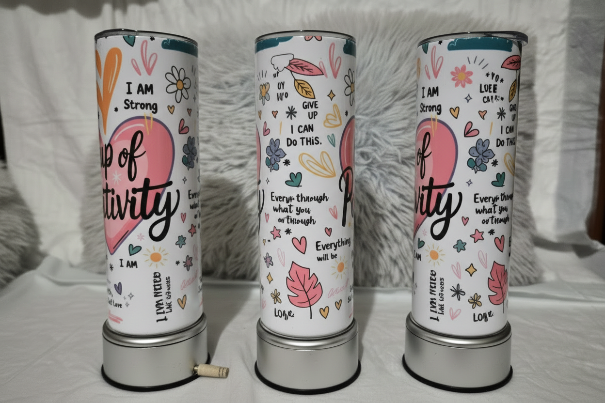 Cup of Positivity tumbler shown from three different angles