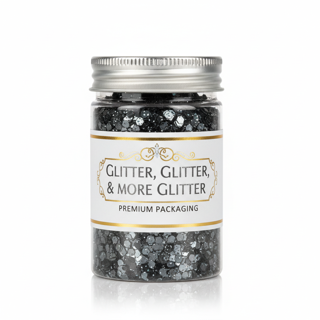 Denio Shiny Black Glossy Glitter in packaging